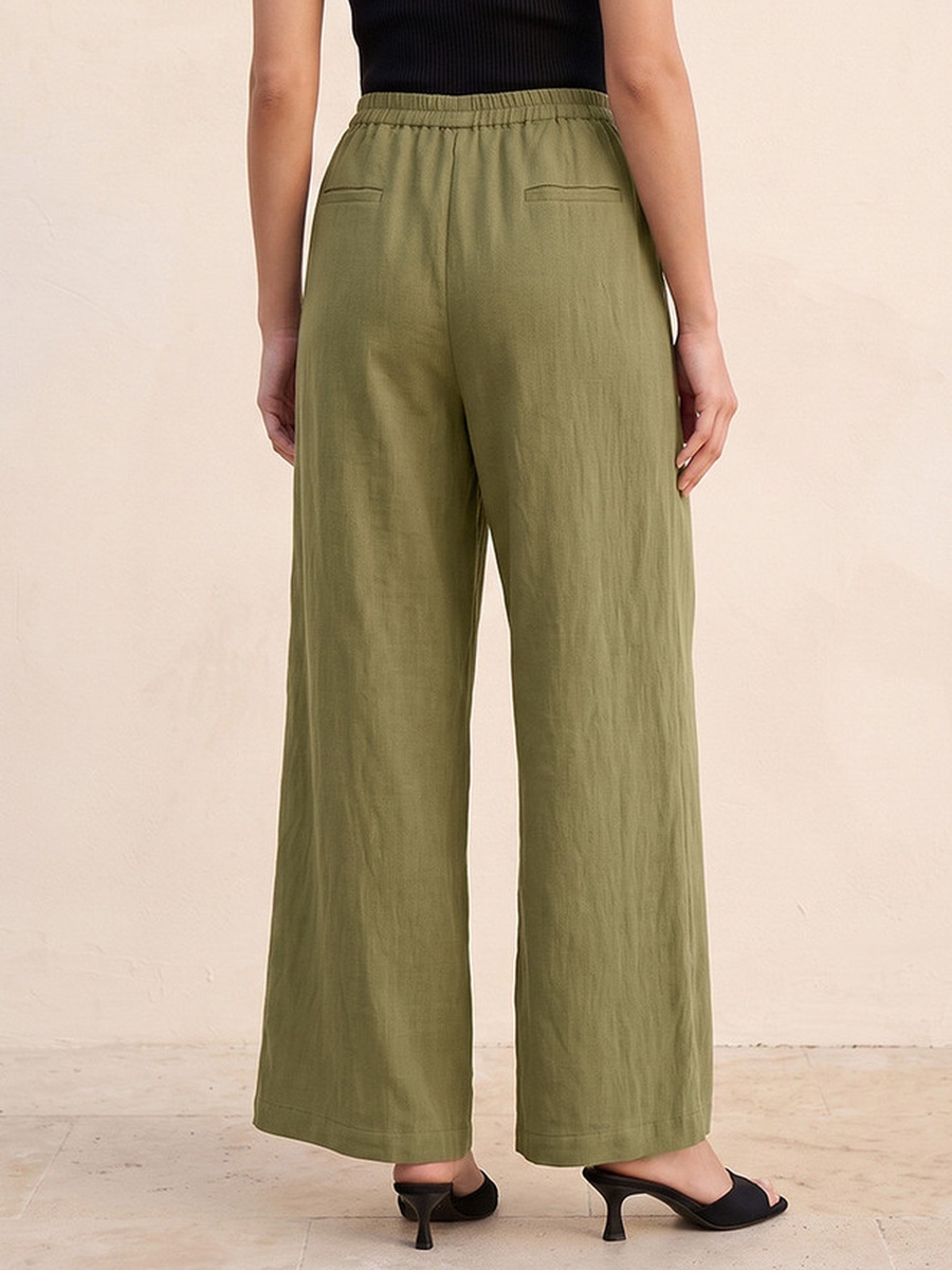 Straight Fit Elastic Waist Textured Pants