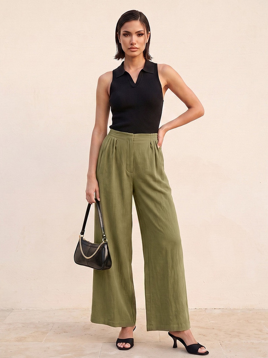 Straight Fit Elastic Waist Textured Pants