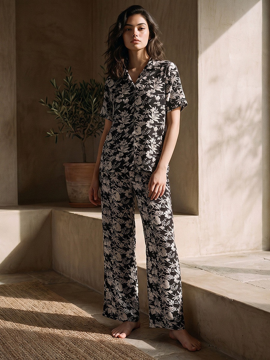 Pyjama Set with Button-Down Shirt and Trousers Rayon