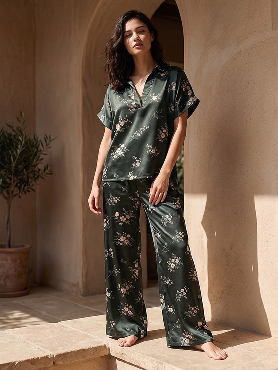 Pyjama Set with Floral Print Top and Trousers
