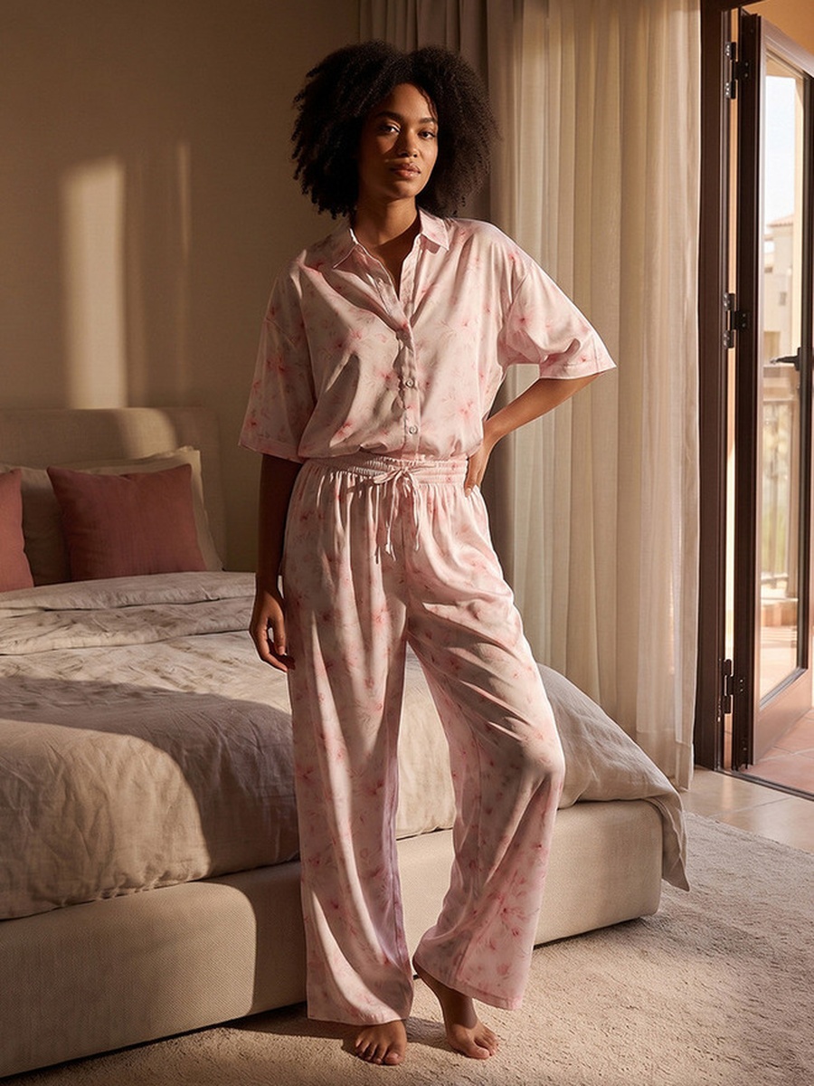 Floral Print Pyjama Set with Button-Down Shirt and Trousers
