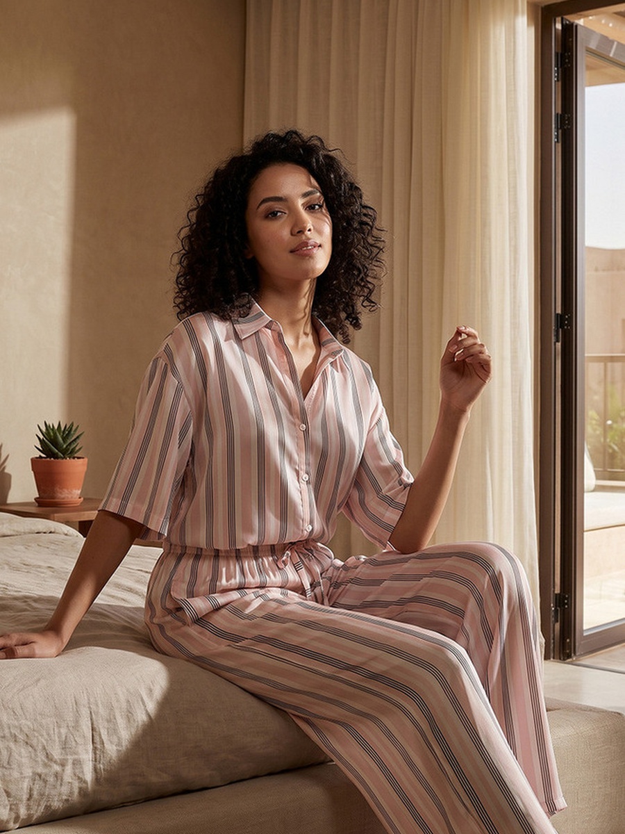 Striped Pyjama Set with Button-Down Shirt and Trousers