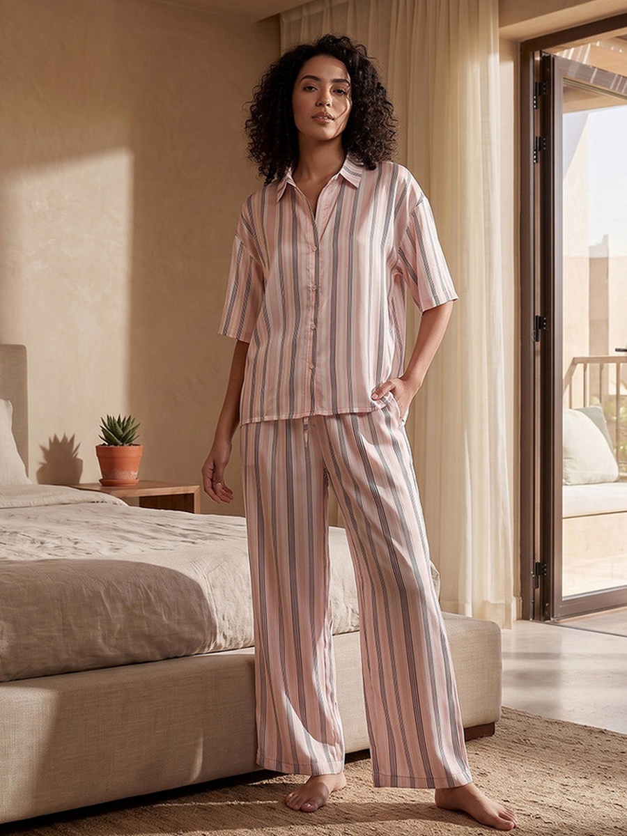 Striped Pyjama Set with Button-Down Shirt and Trousers