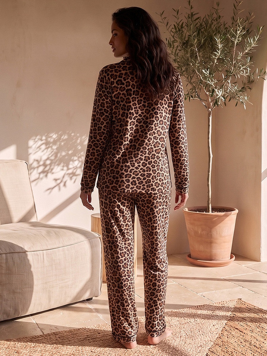 Animal Print Pyjama Set with Button-Down Shirt and Trousers
