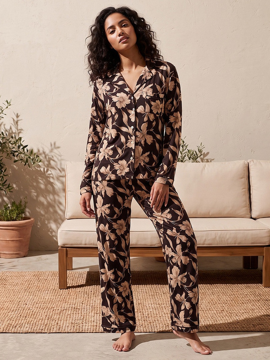 Floral Print Pyjama Set with Button-Down Shirt and Trousers