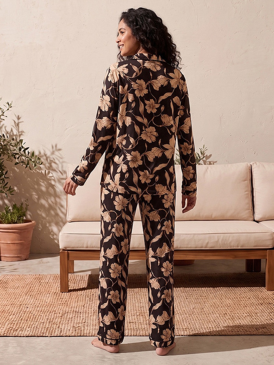 Floral Print Pyjama Set with Button-Down Shirt and Trousers