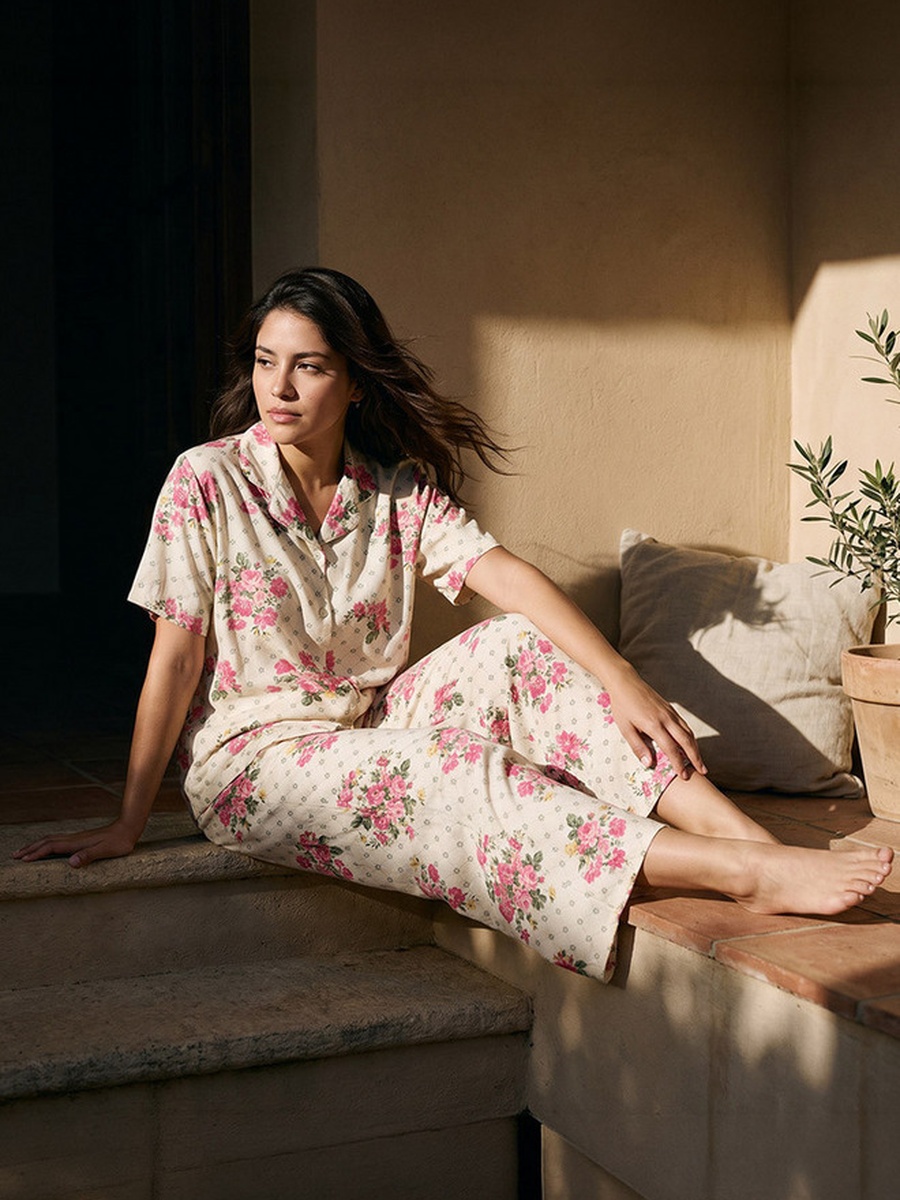 Pyjama Set with Button Down Shirt and Trousers Viscose