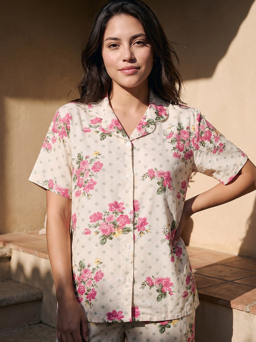 Pyjama Set with Button Down Shirt and Trousers Viscose