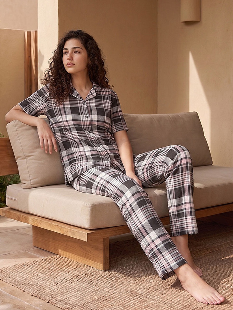 Pyjama Set with Button Down Shirt and Trousers Viscose