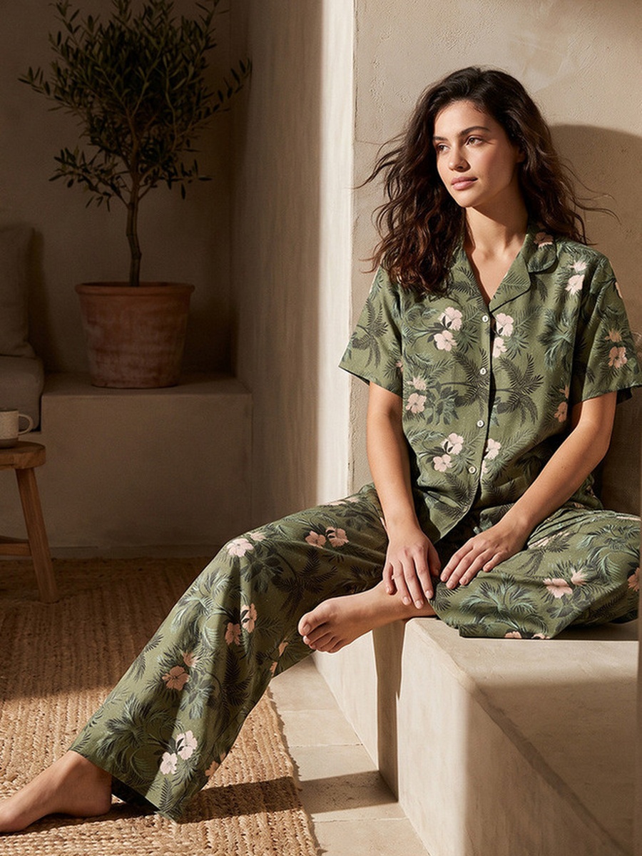 Pyjama Set with Button Down Shirt and Trousers Viscose