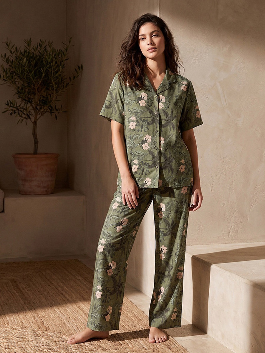 Pyjama Set with Button Down Shirt and Trousers Viscose