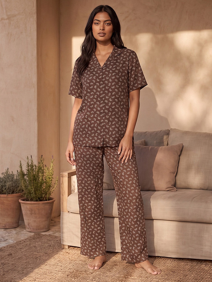Pyjama Set with Button Down Shirt and Trousers Viscose