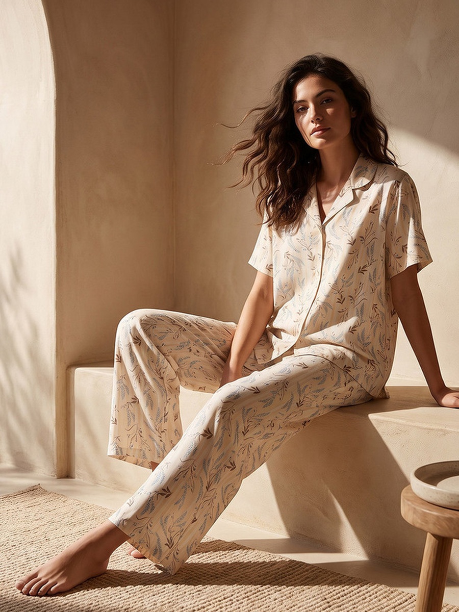 Pyjama Set with Button Down Shirt and Trousers Viscose