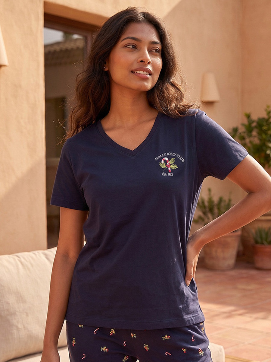 Pyjama Set with V Neck Cotton T-Shirt and Trousers