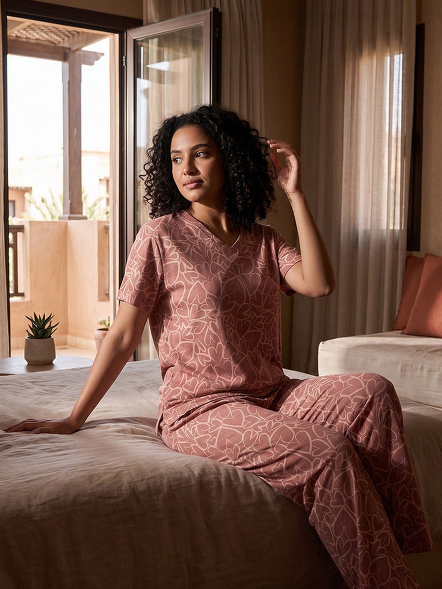 Pyjama Set with V Neck Cotton T-Shirt and Trousers