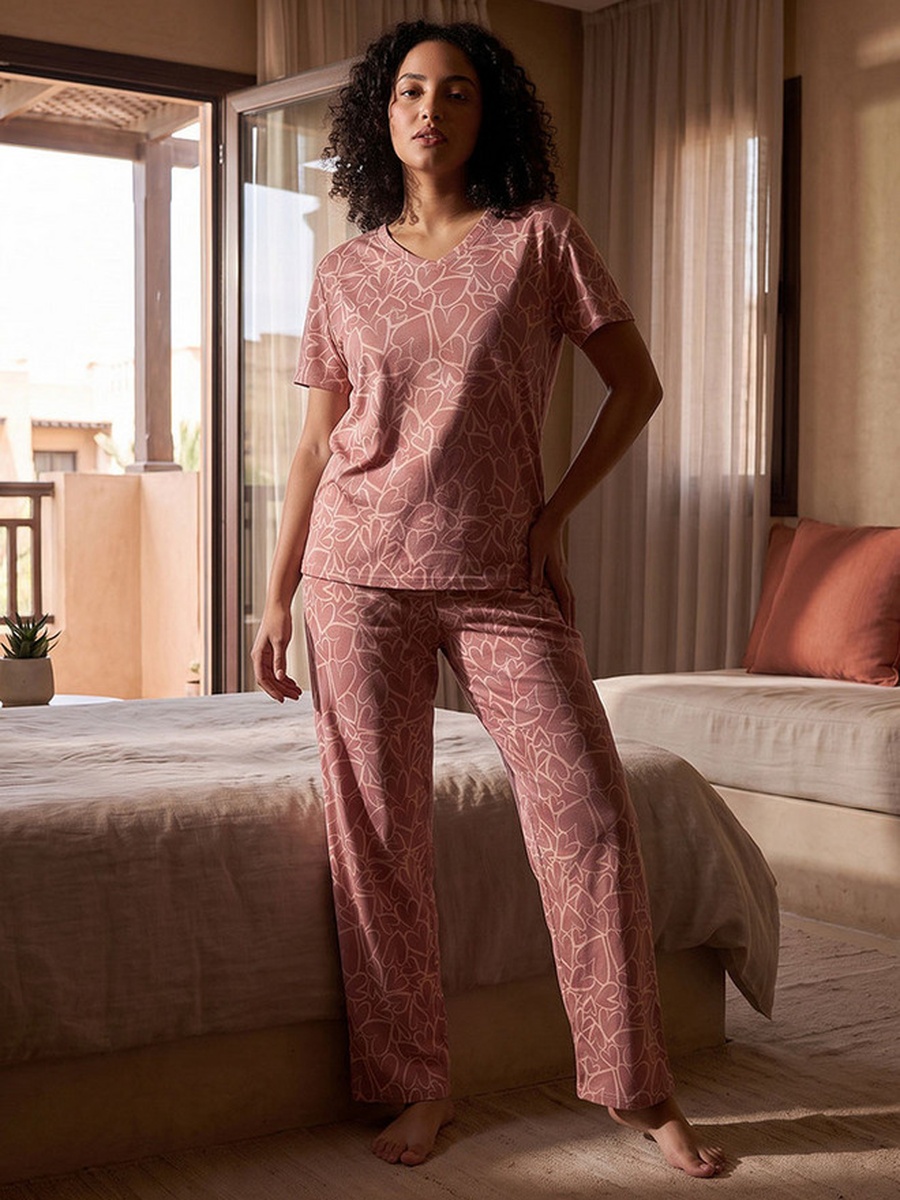 Pyjama Set with V Neck Cotton T-Shirt and Trousers