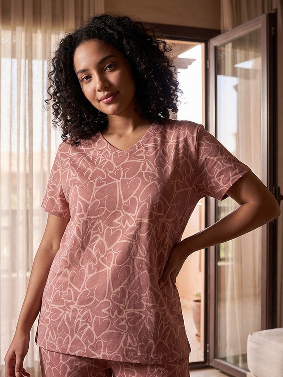 Pyjama Set with V Neck Cotton T-Shirt and Trousers