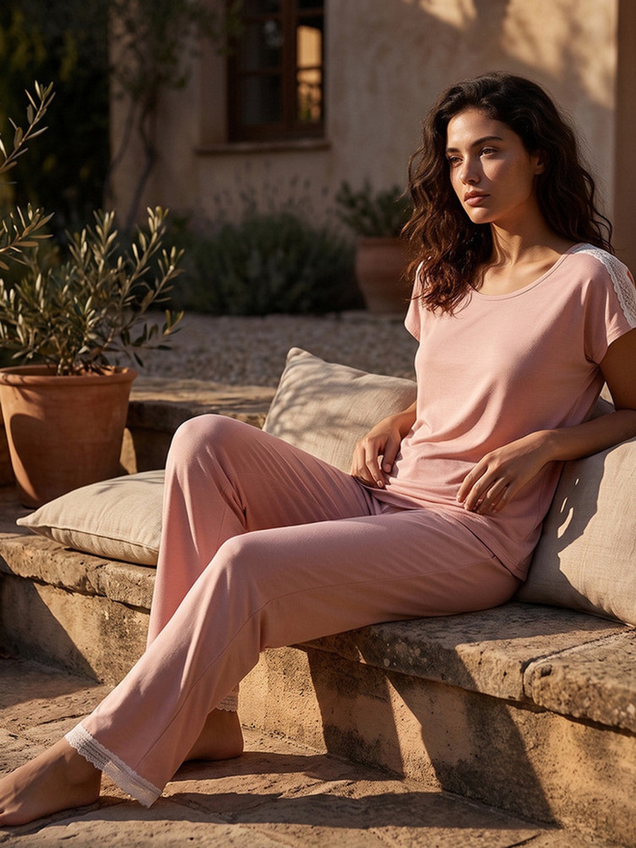 Pyjama Set with Lace Trim T-Shirt and Trousers