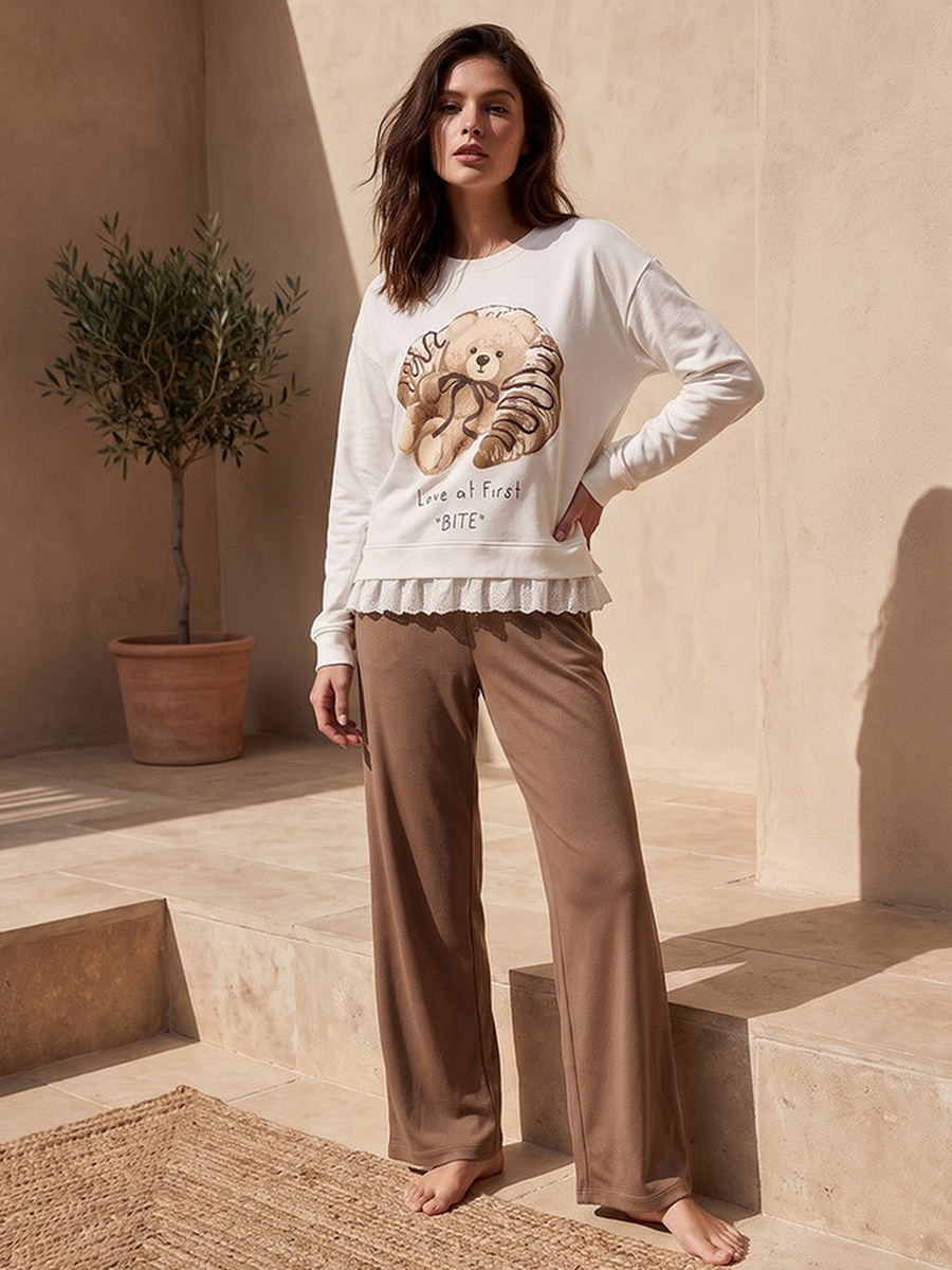 Pyjama Set with Bear Print Viscose Top and Trousers