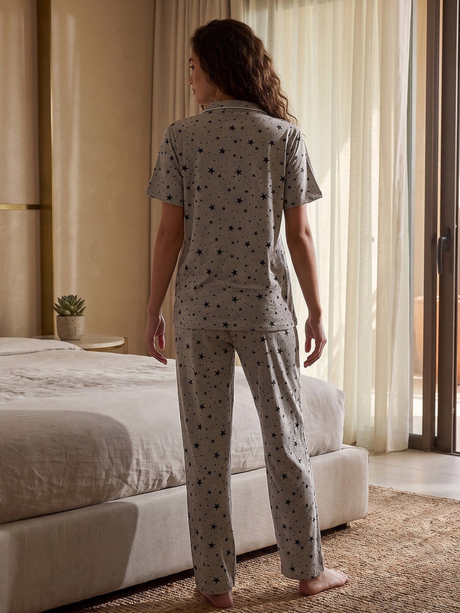 Star Print Button-Down Shirt and Pyjamas Set