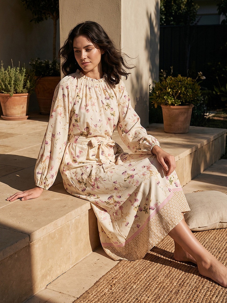 High Neck Midi Length Dress with Floral Print