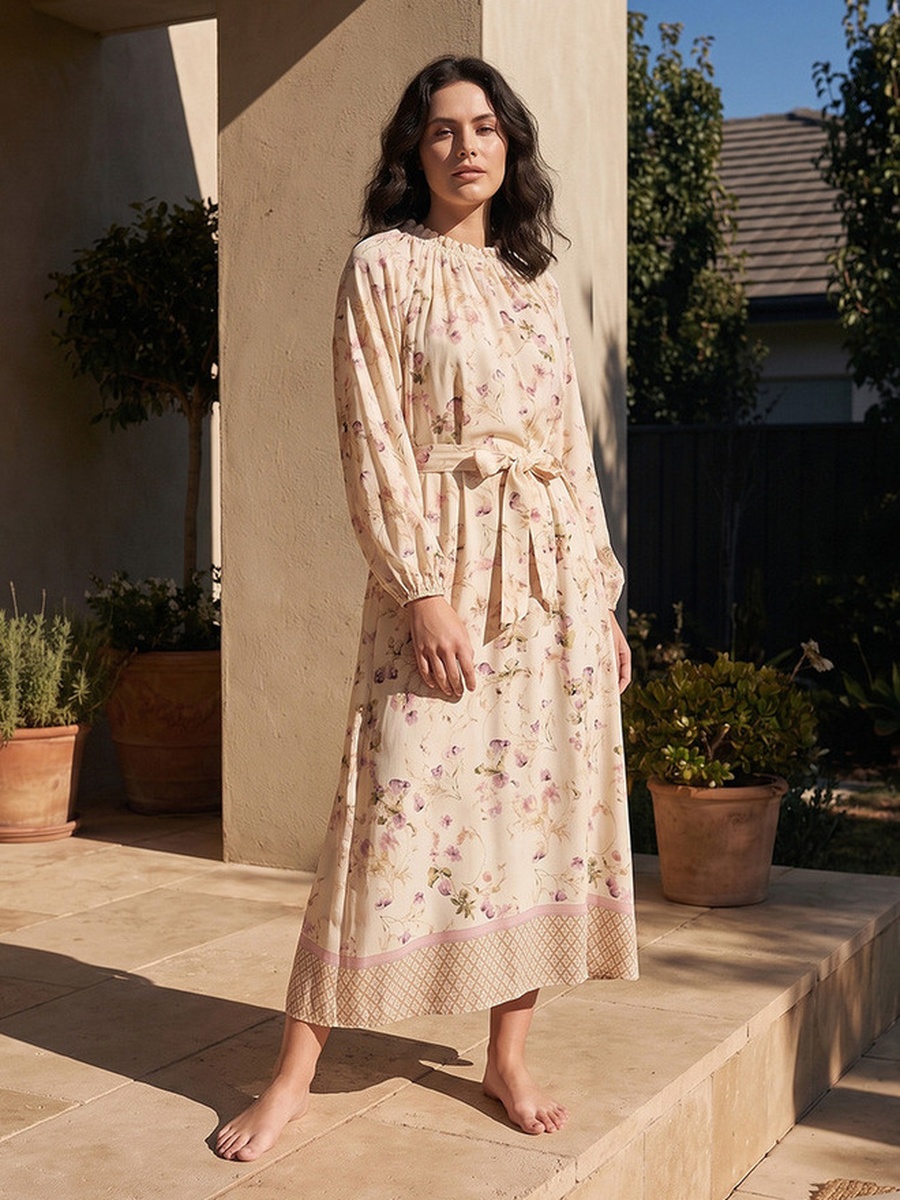 High Neck Midi Length Dress with Floral Print