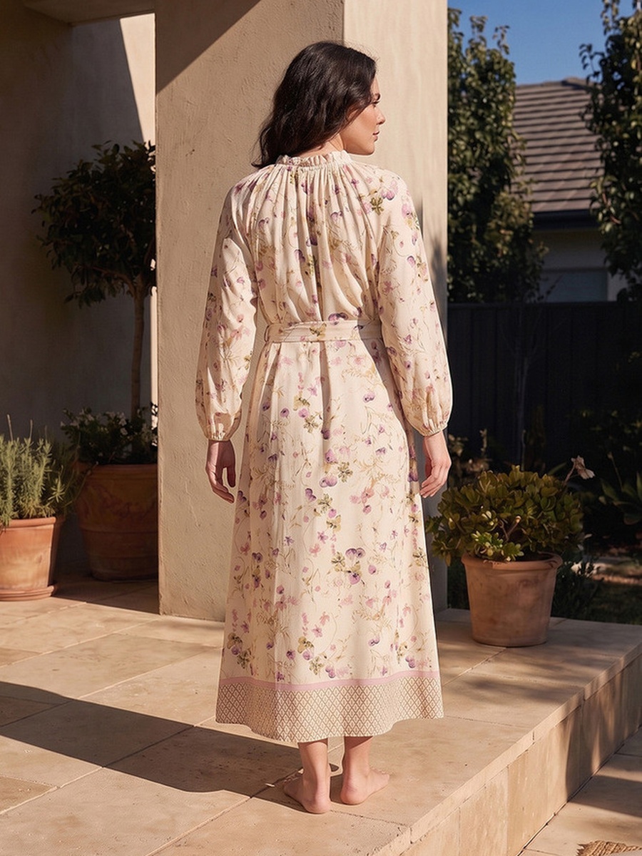 High Neck Midi Length Dress with Floral Print