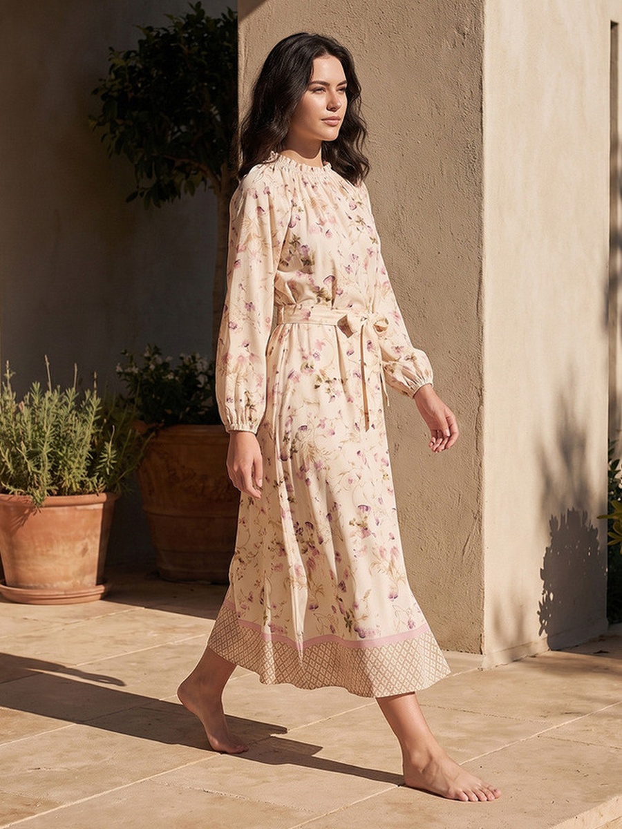 High Neck Midi Length Dress with Floral Print