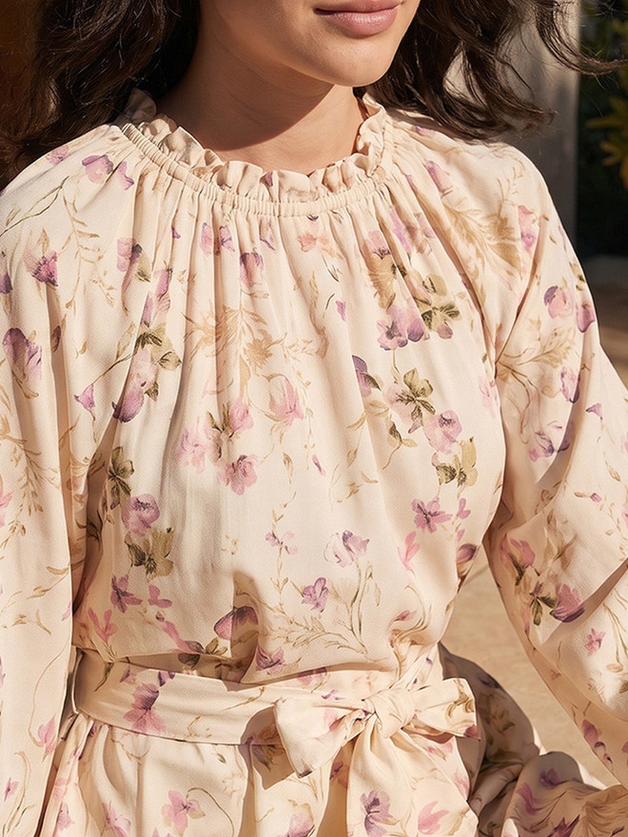 High Neck Midi Length Dress with Floral Print
