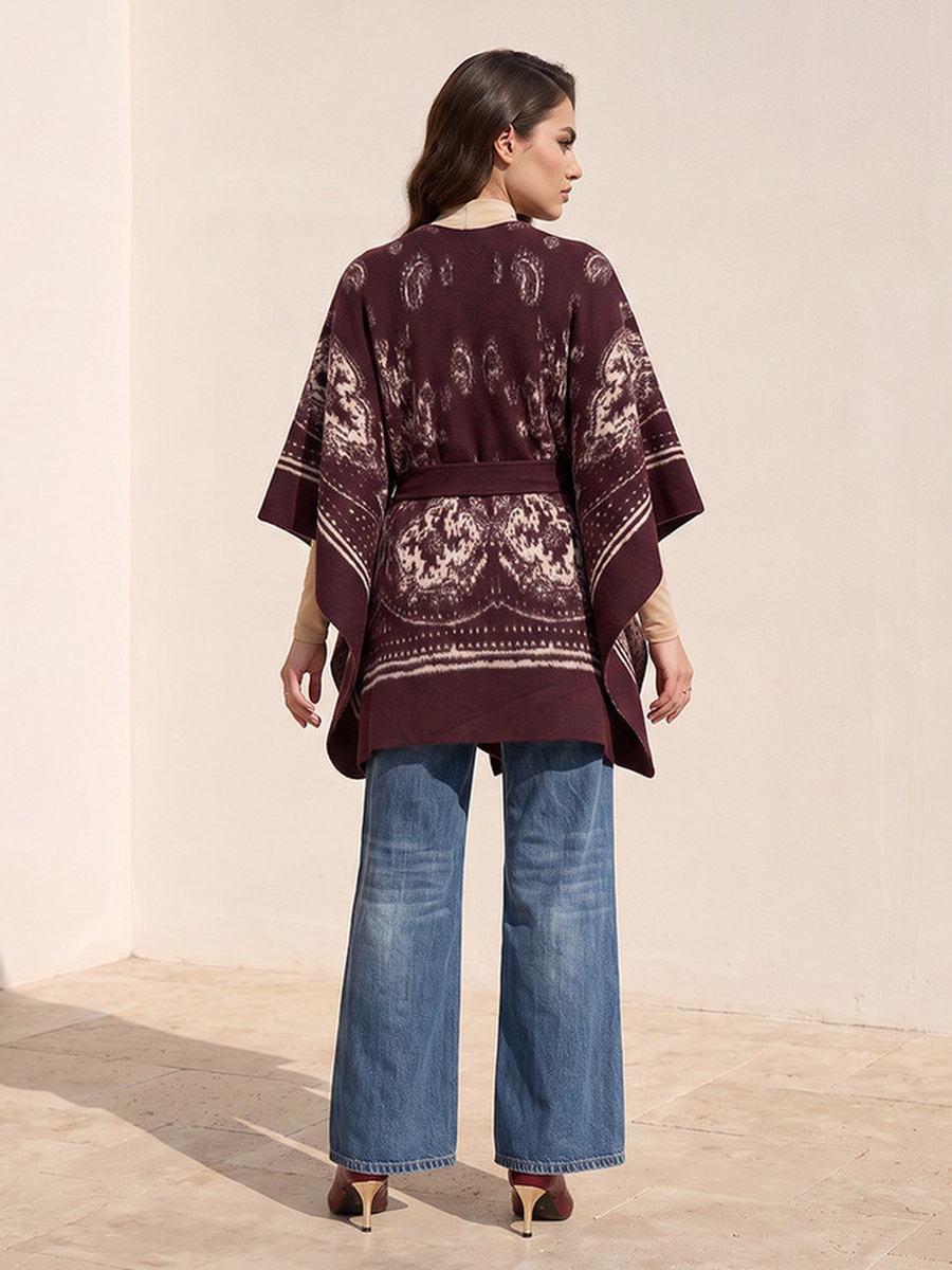 Relaxed Fit Printed Poncho with Tie-Up Belt