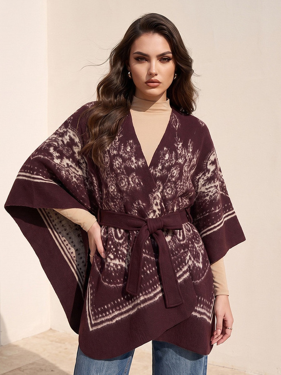 Relaxed Fit Printed Poncho with Tie-Up Belt