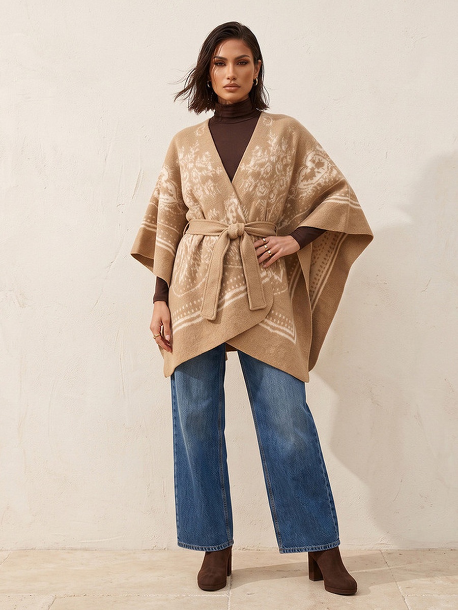Relaxed Fit Printed Poncho with Tie-Up Belt