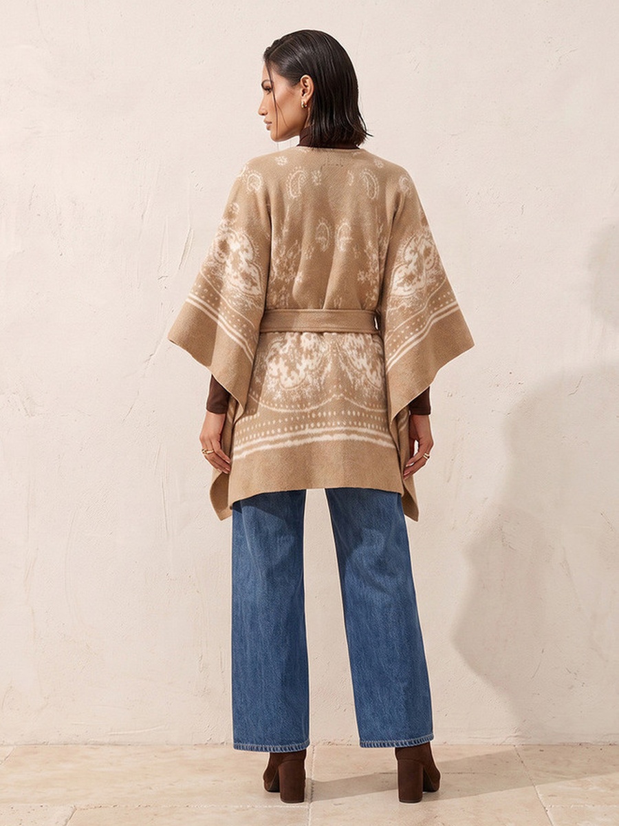 Relaxed Fit Printed Poncho with Tie-Up Belt