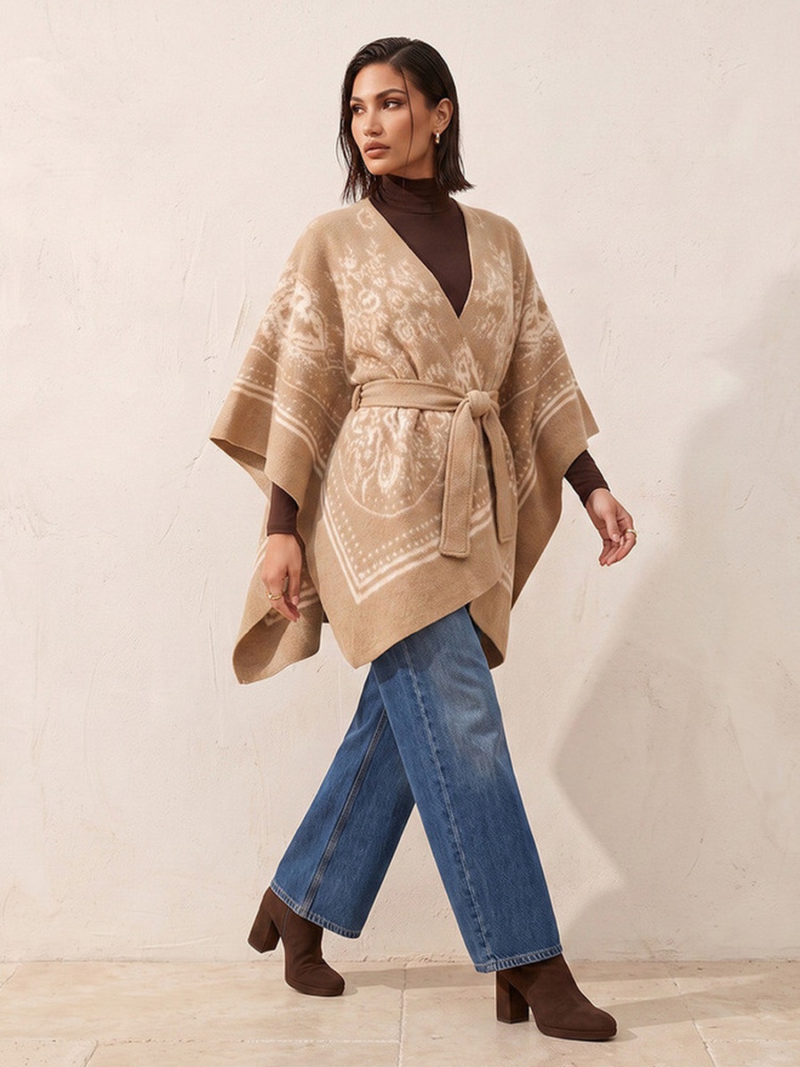 Relaxed Fit Printed Poncho with Tie-Up Belt