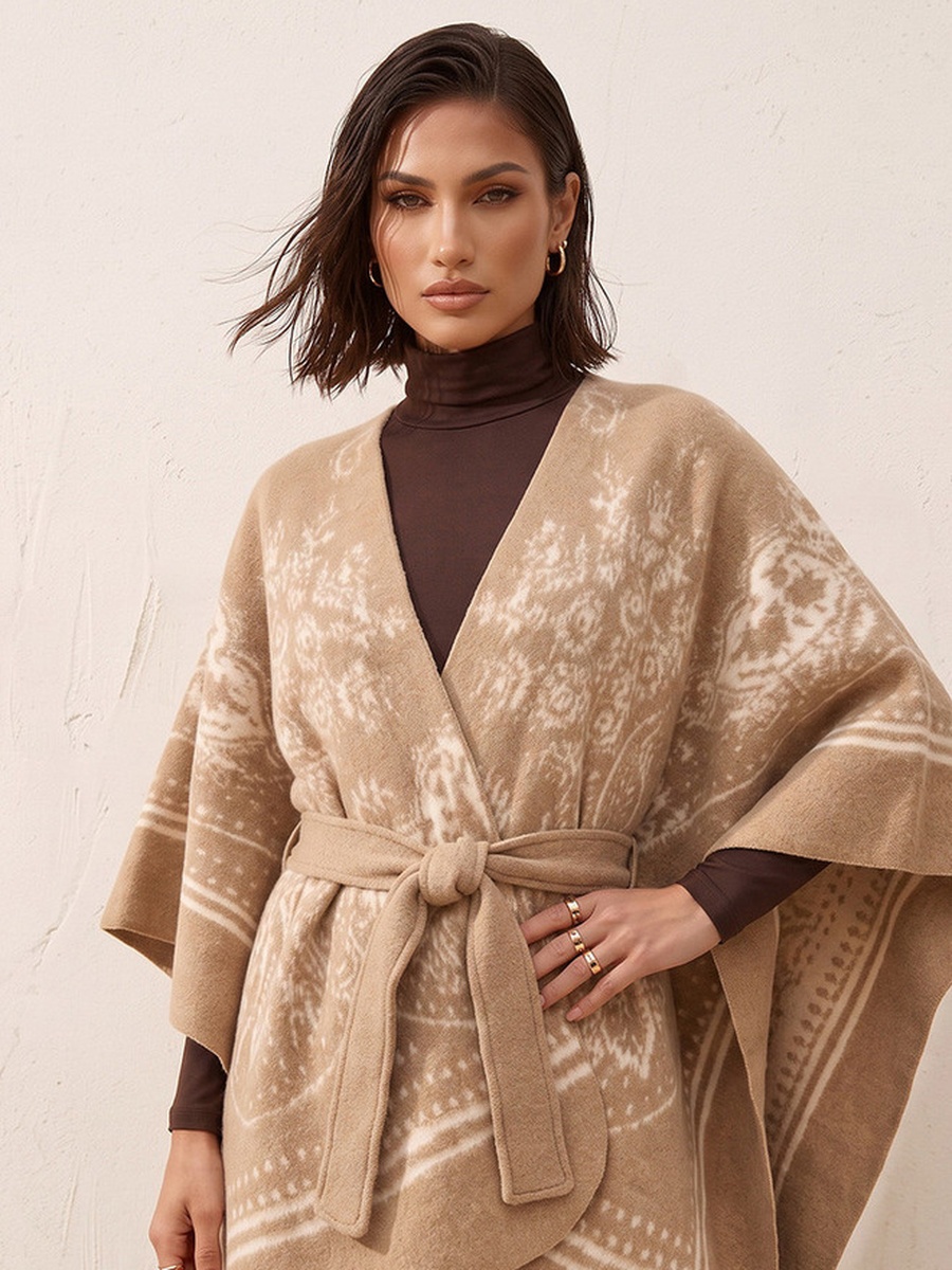 Relaxed Fit Printed Poncho with Tie-Up Belt