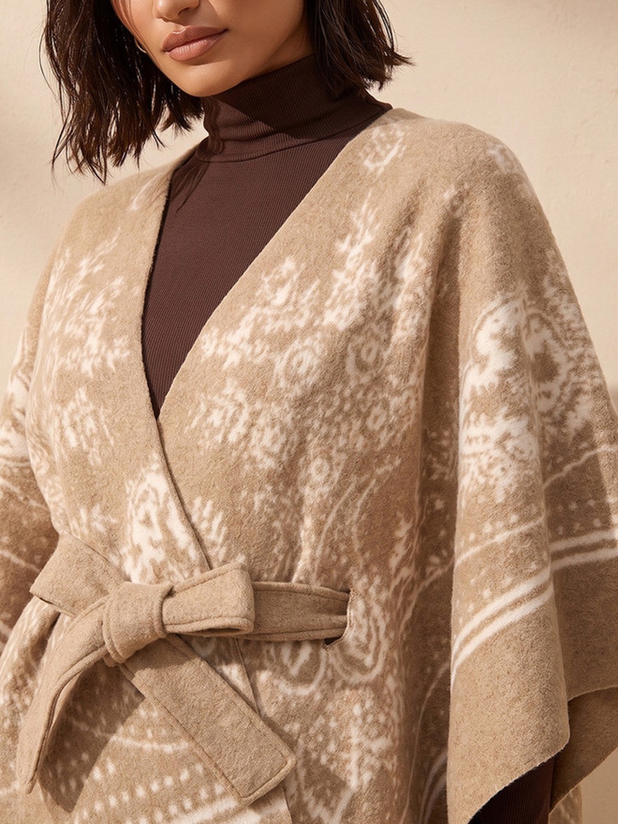 Relaxed Fit Printed Poncho with Tie-Up Belt