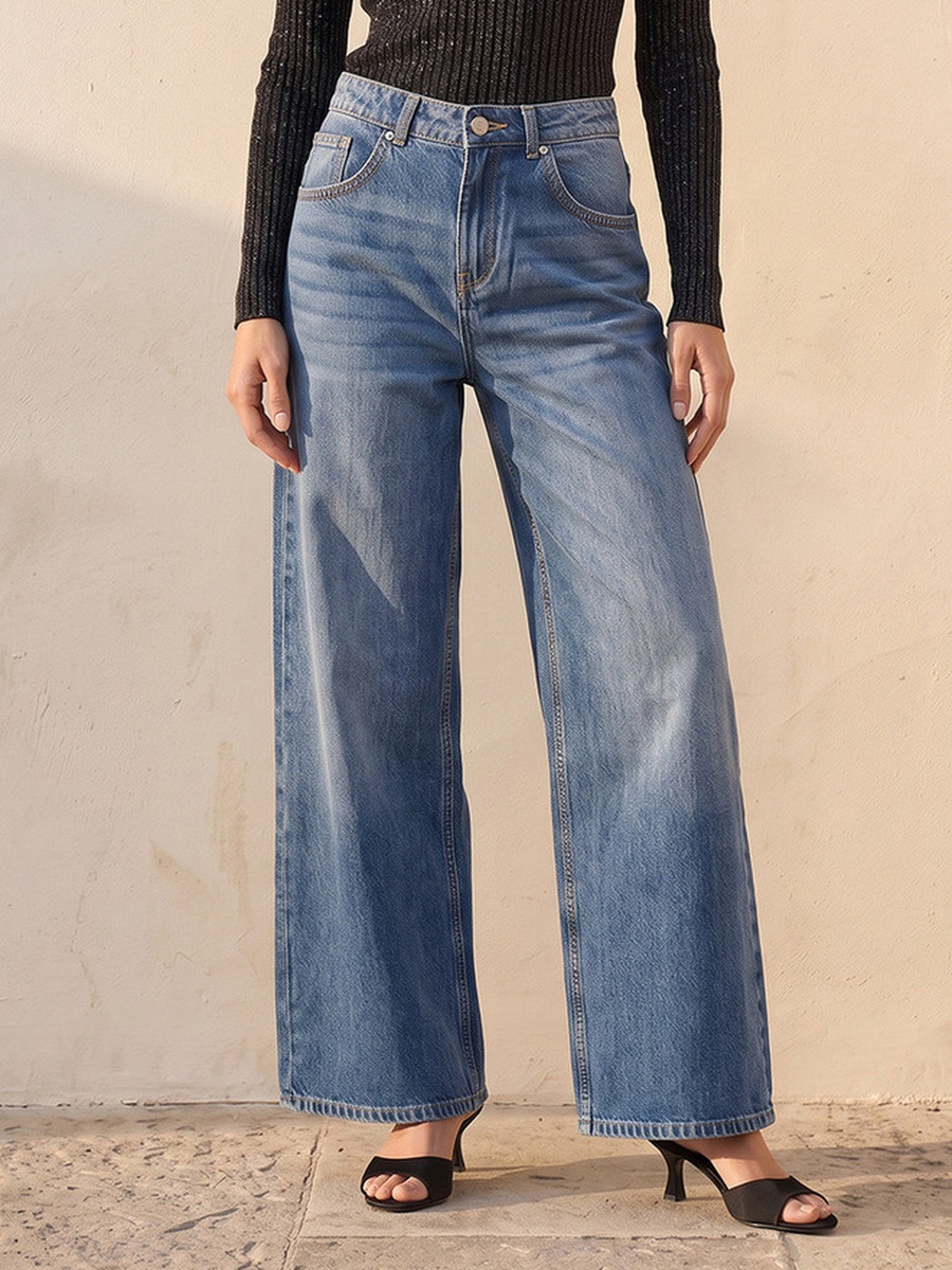 Wide Leg Buttoned Waist Cotton Jeans