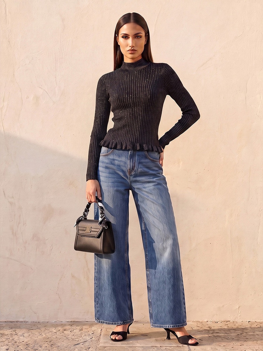 Wide Leg Buttoned Waist Cotton Jeans