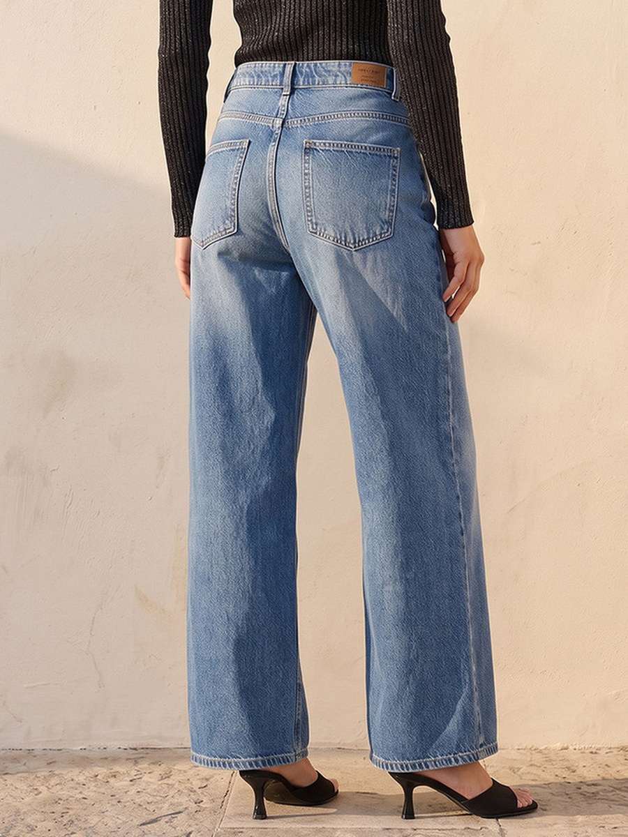 Wide Leg Buttoned Waist Cotton Jeans