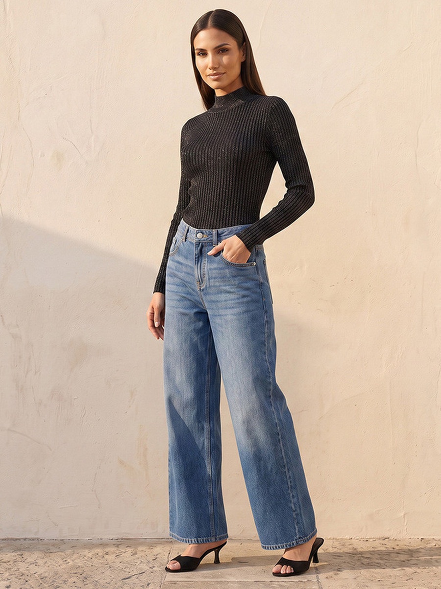 Wide Leg Buttoned Waist Cotton Jeans