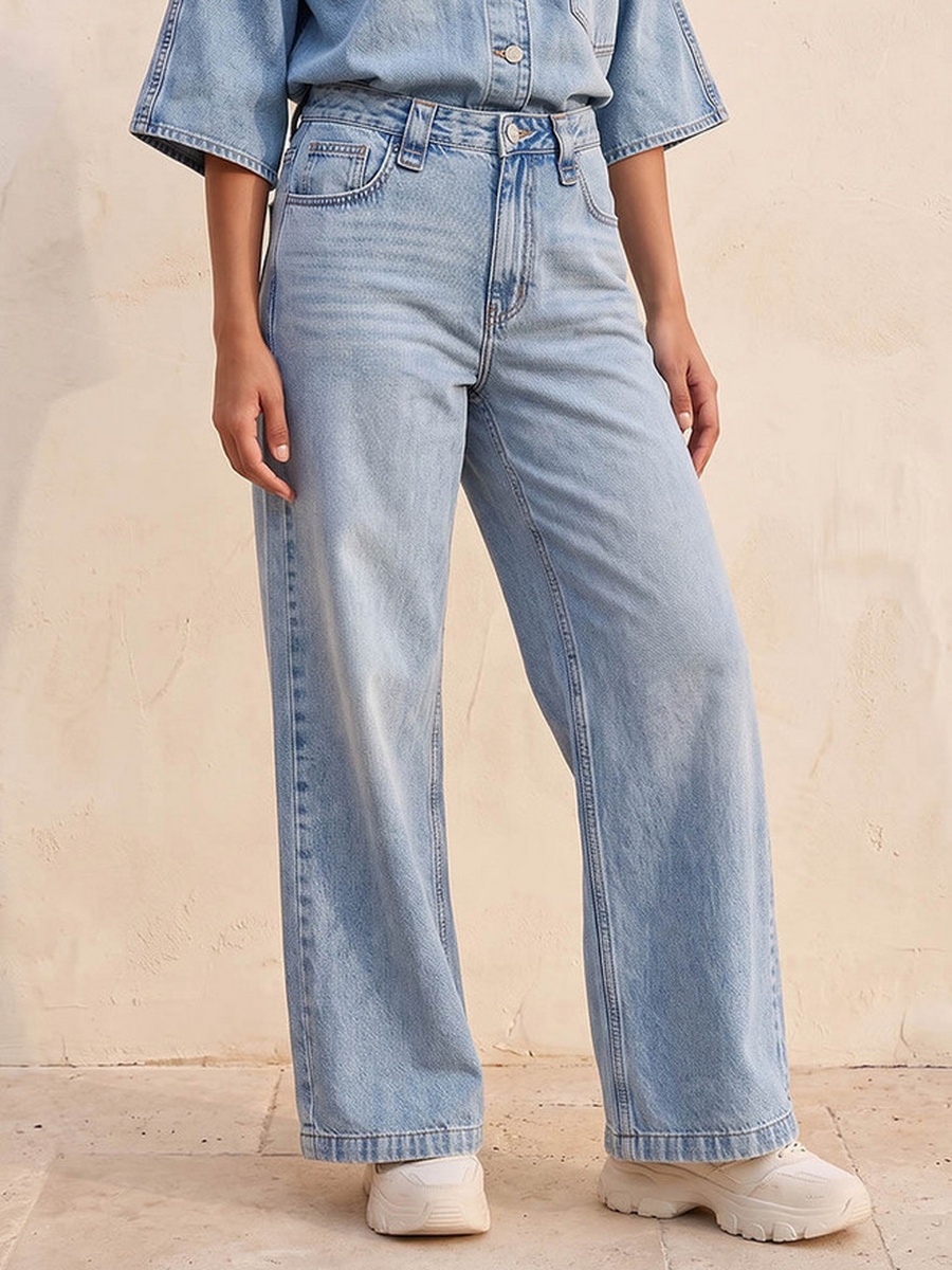 Wide Leg Buttoned Waist Cotton Jeans