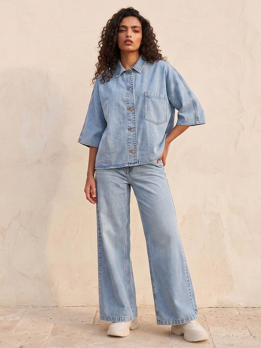 Wide Leg Buttoned Waist Cotton Jeans