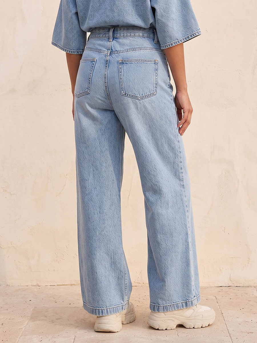 Wide Leg Buttoned Waist Cotton Jeans