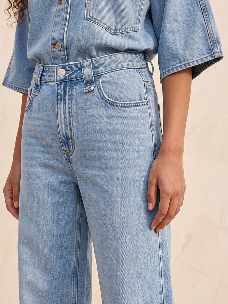 Wide Leg Buttoned Waist Cotton Jeans