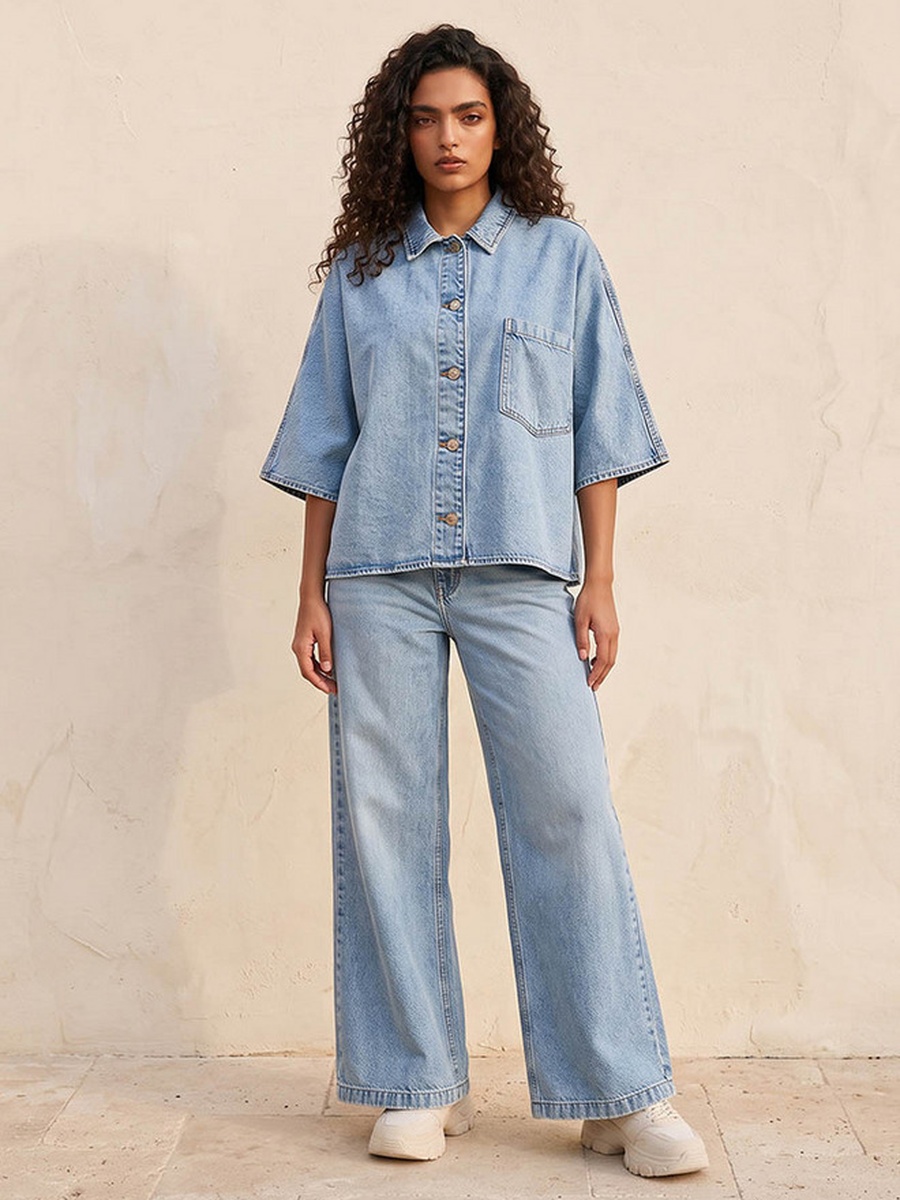 Wide Leg Buttoned Waist Cotton Jeans