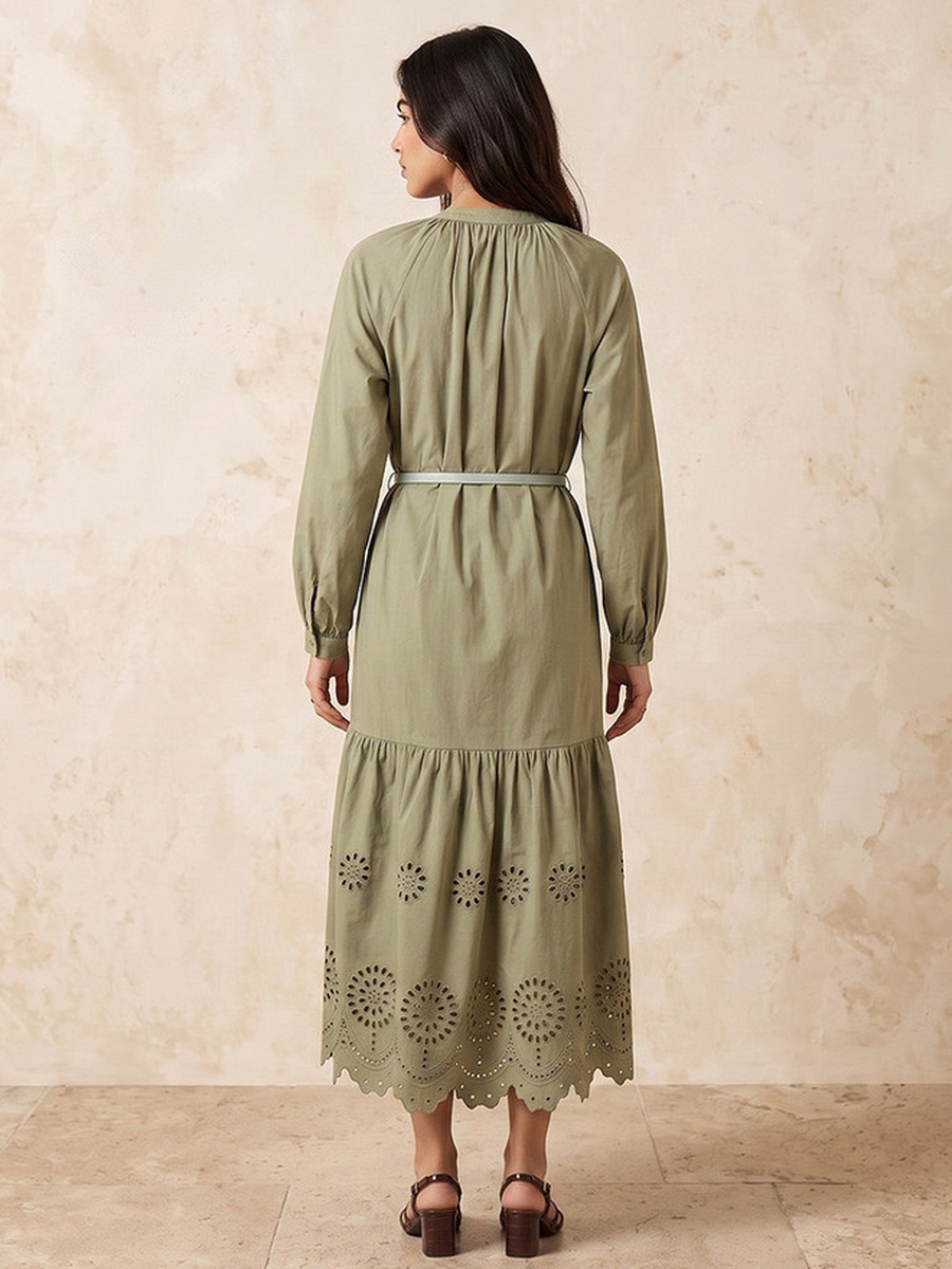 Cutwork A-Line Cotton Dress with Belt