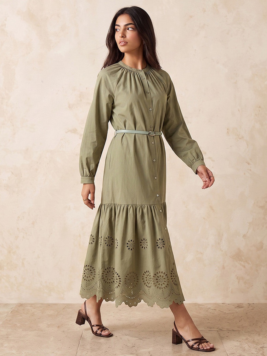 Cutwork A-Line Cotton Dress with Belt