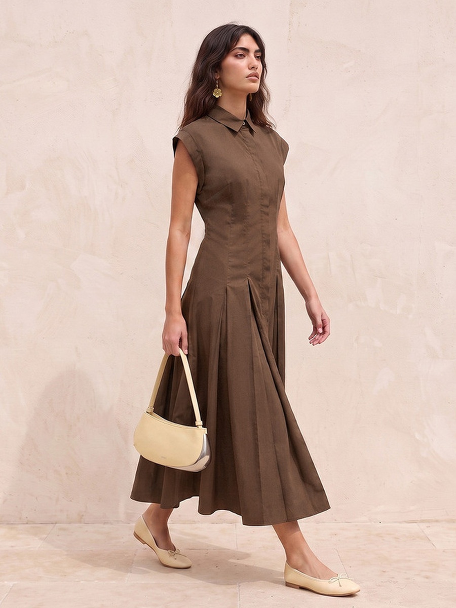 Midi Cotton Shirt Dress with Pleats