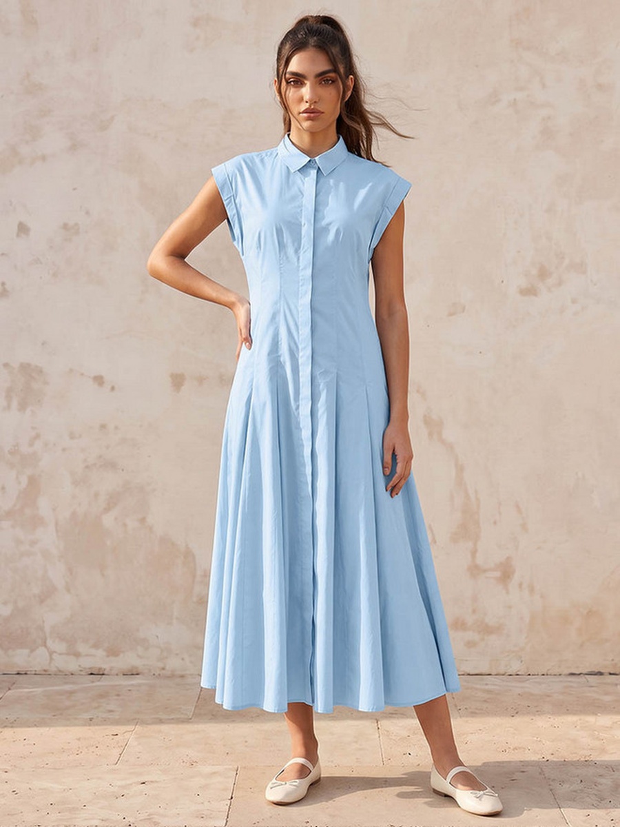 Midi Cotton Shirt Dress with Pleats