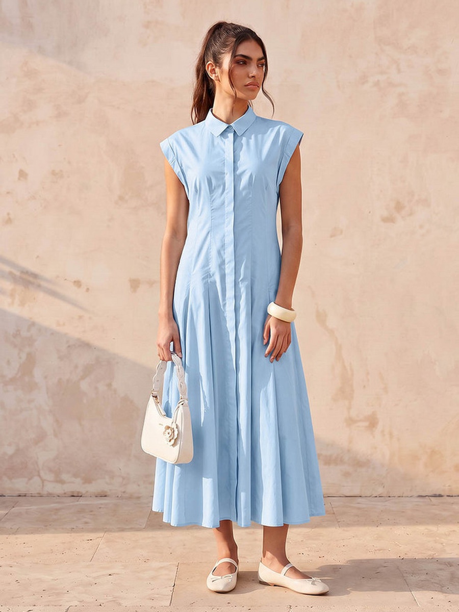 Midi Cotton Shirt Dress with Pleats